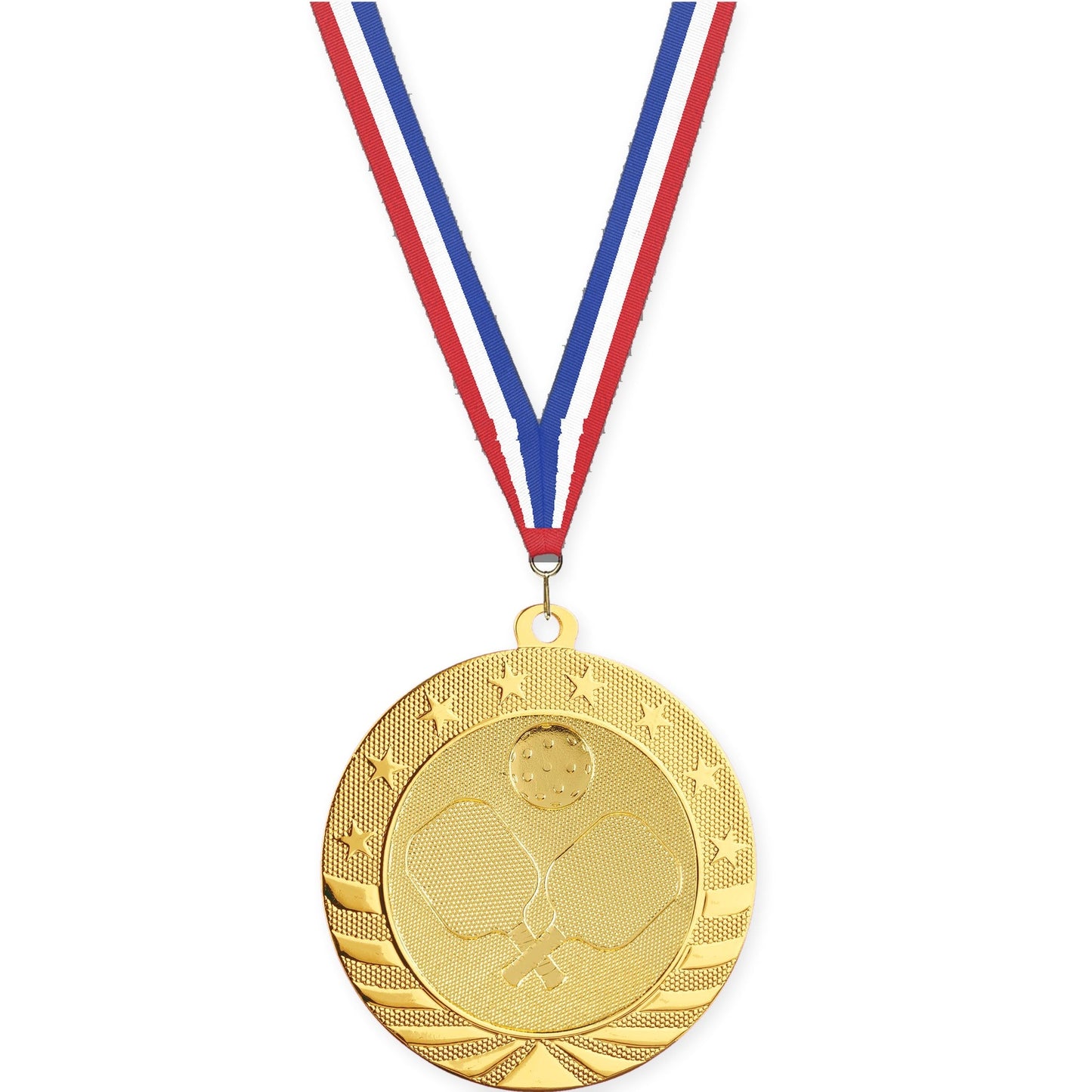 2 3/4 inch pickleball Starbrite medal in bright gold with Red White Blue neck ribbon