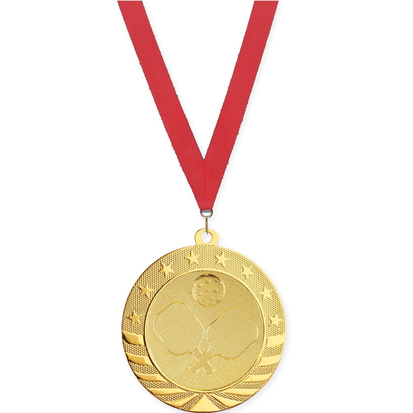 2 3/4 inch pickleball Starbrite medal in bright gold with Red neck ribbon