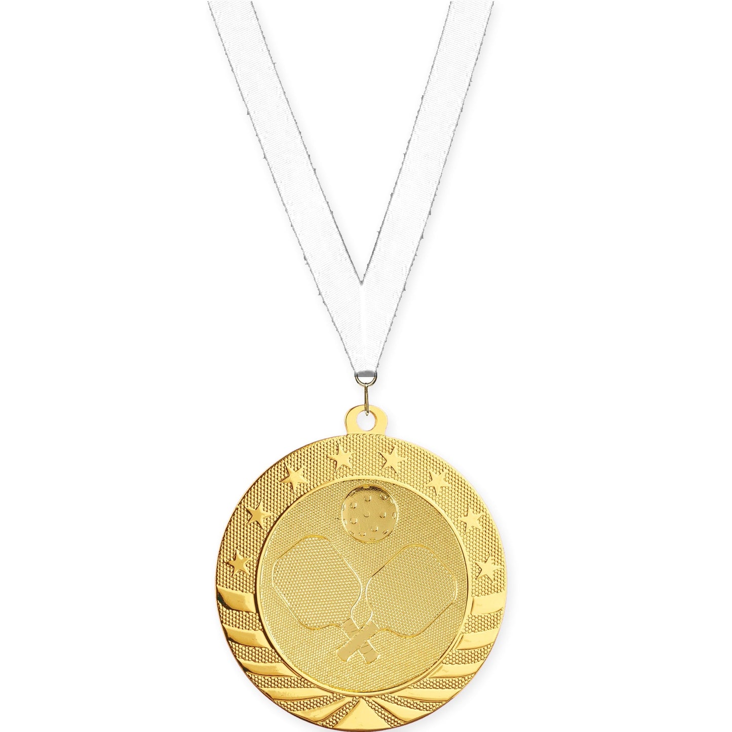 2 3/4 inch pickleball Starbrite medal in bright gold with White neck ribbon