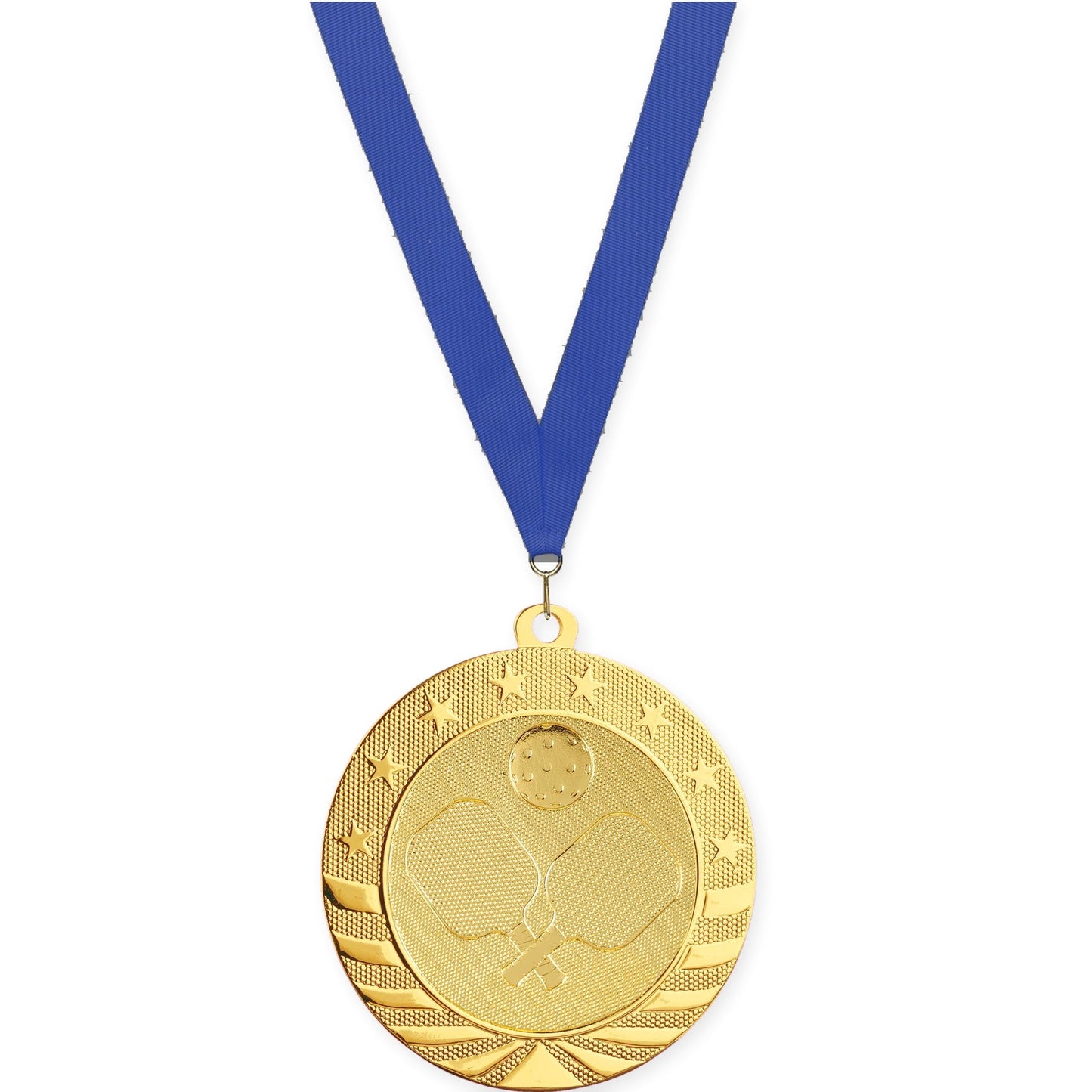 2 3/4 inch pickleball Starbrite medal in bright gold with Blue neck ribbon