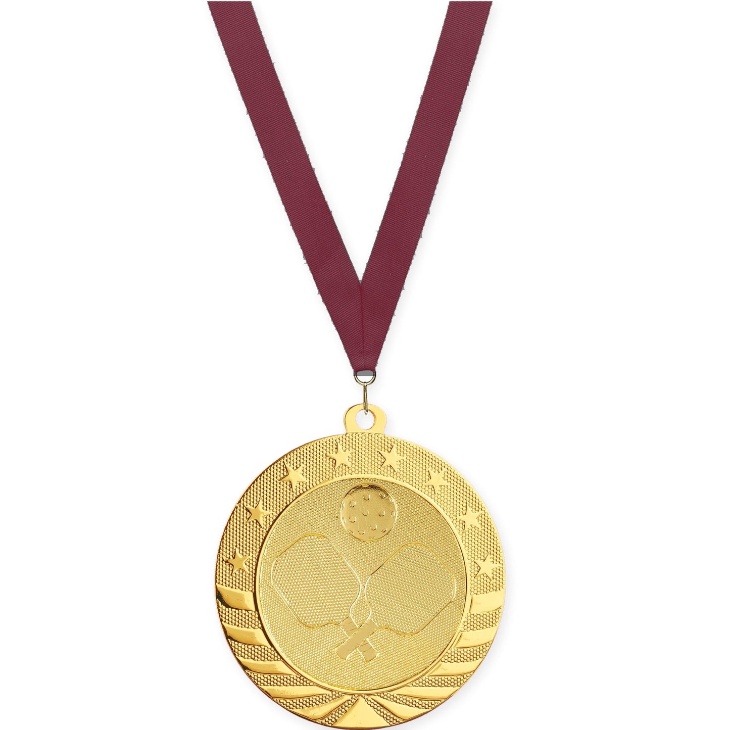 2 3/4 inch pickleball Starbrite medal in bright gold with Maroon neck ribbon