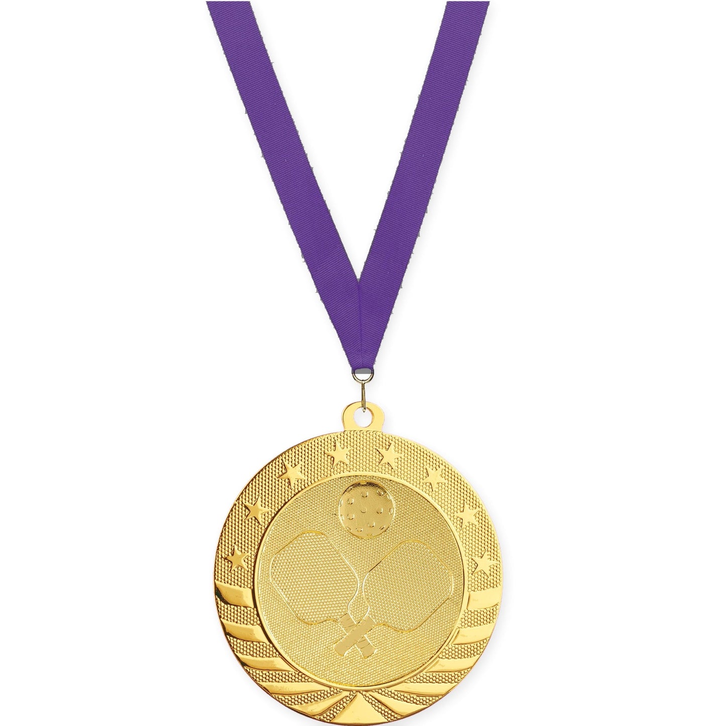 2 3/4 inch pickleball Starbrite medal in bright gold with Purple neck ribbon