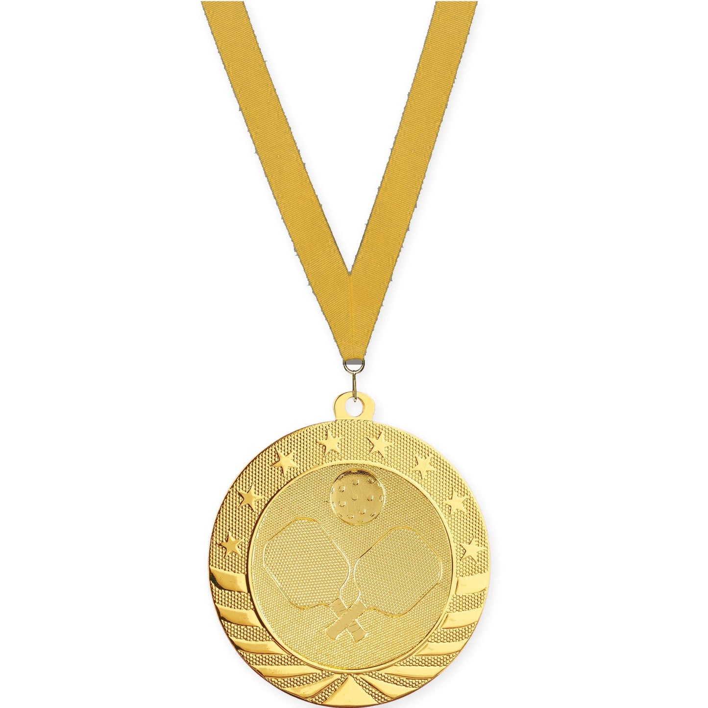 2 3/4 inch pickleball Starbrite medal in bright gold with Gold neck ribbon