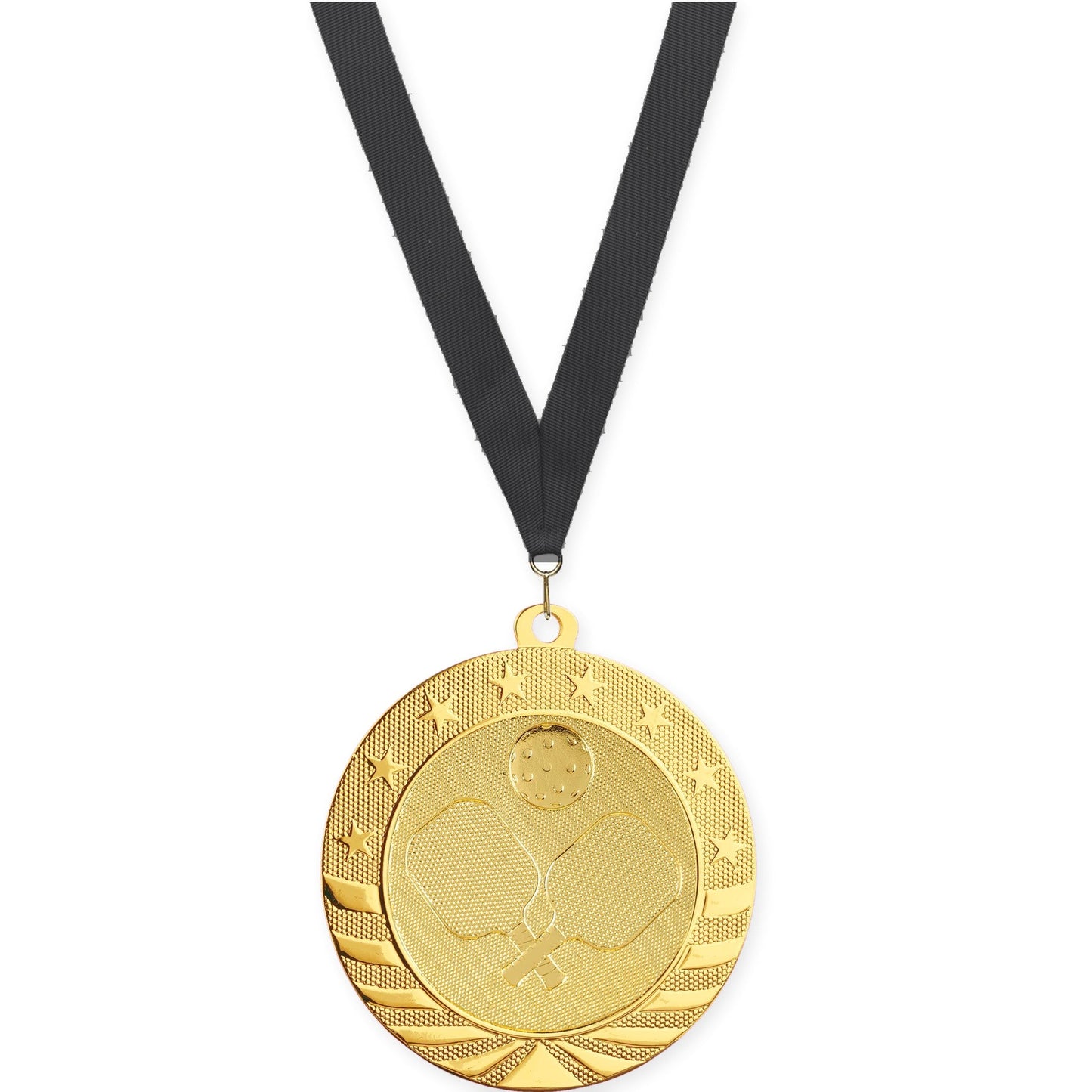 2 3/4 inch pickleball Starbrite medal in bright gold with Black neck ribbon