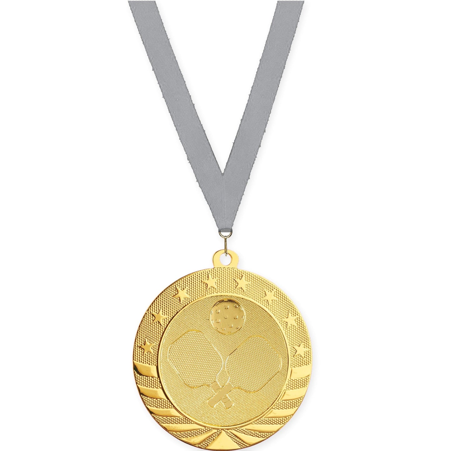2 3/4 inch pickleball Starbrite medal in bright gold with Gray neck ribbon