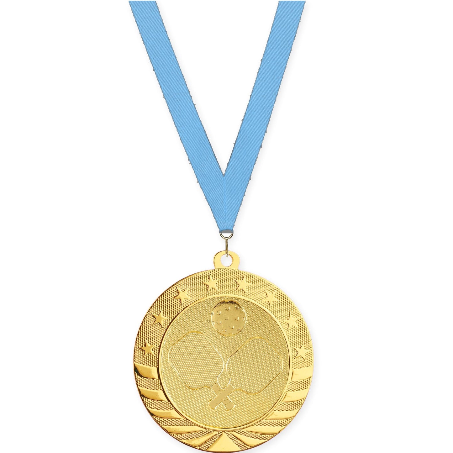 2 3/4 inch pickleball Starbrite medal in bright gold with Light Blue neck ribbon