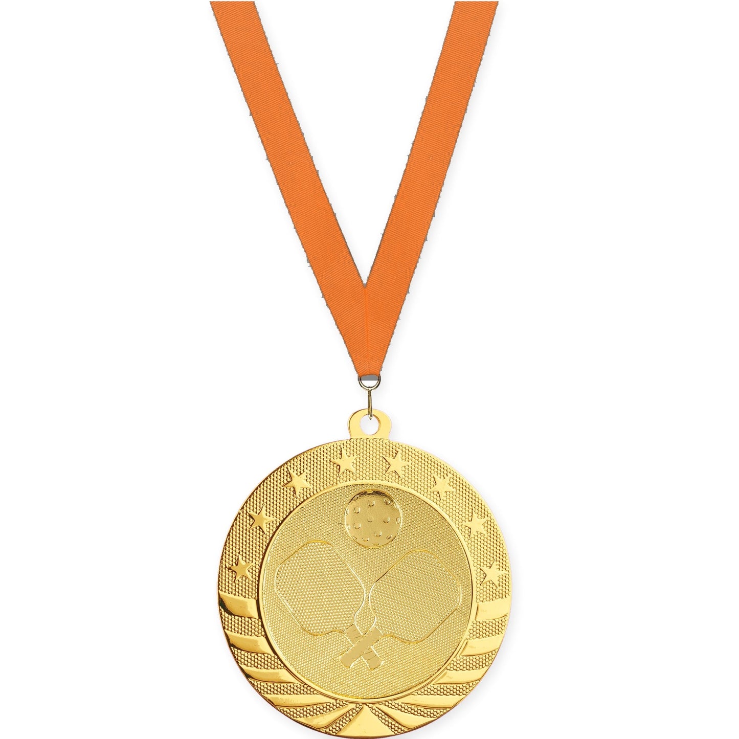 2 3/4 inch pickleball Starbrite medal in bright gold with Orange neck ribbon