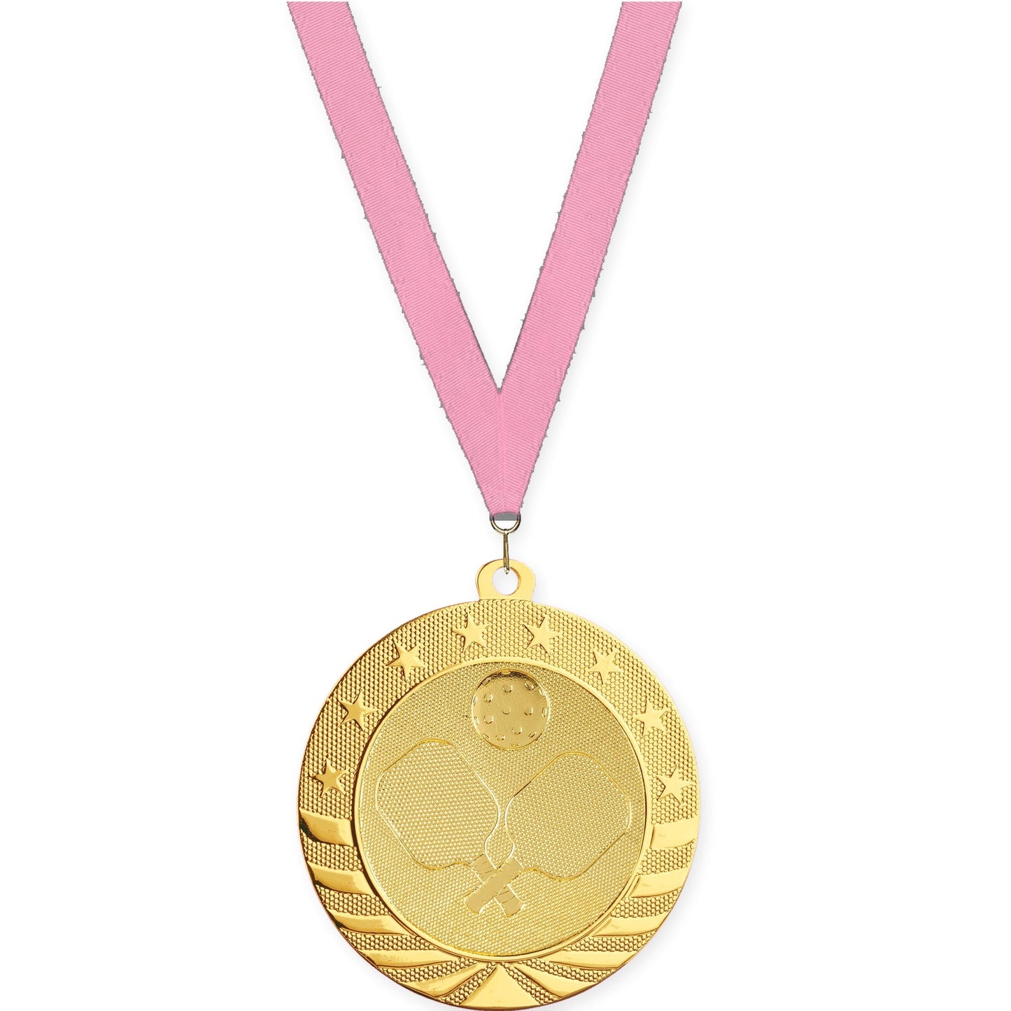 2 3/4 inch pickleball Starbrite medal in bright gold with Pink neck ribbon