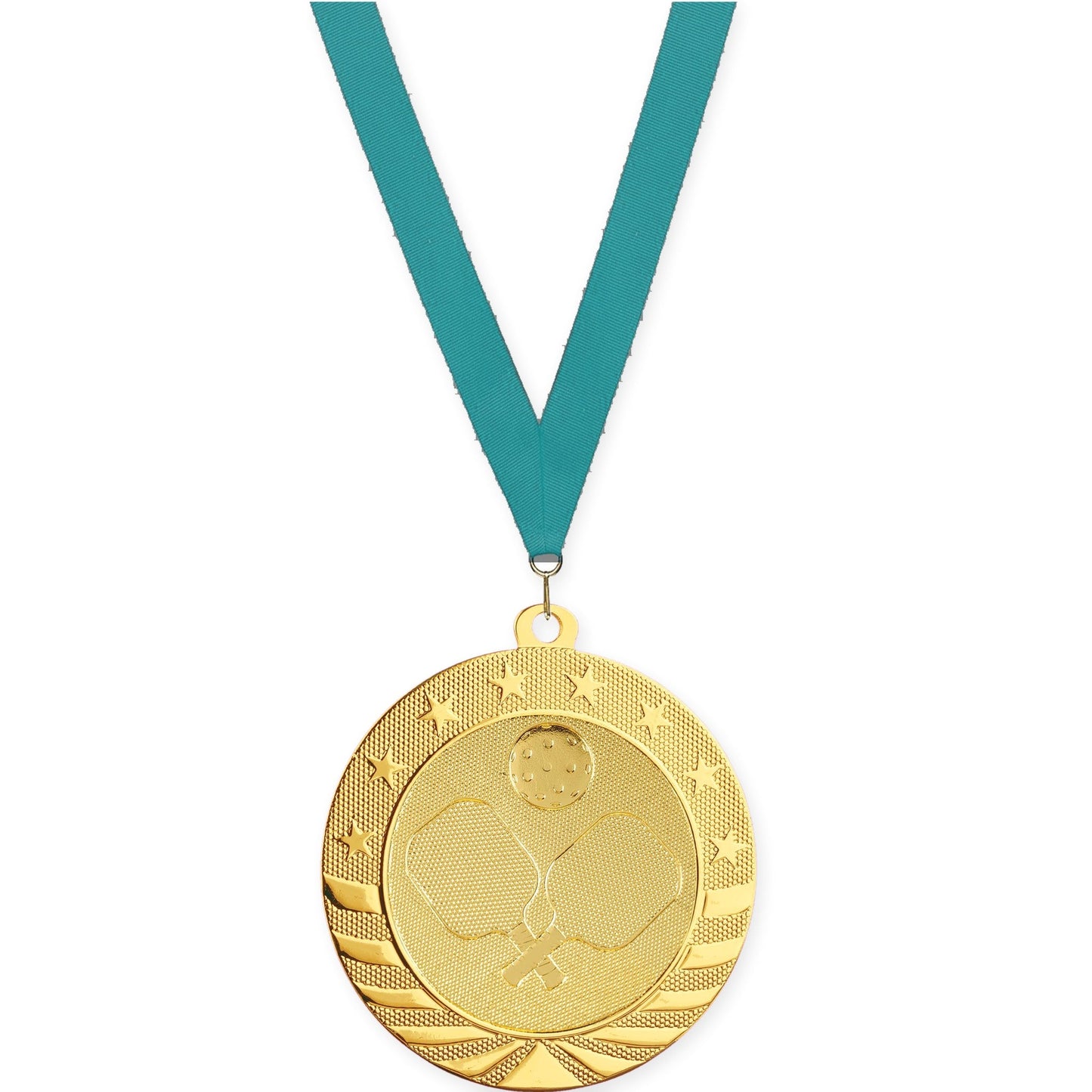 2 3/4 inch pickleball Starbrite medal in bright gold with Teal neck ribbon