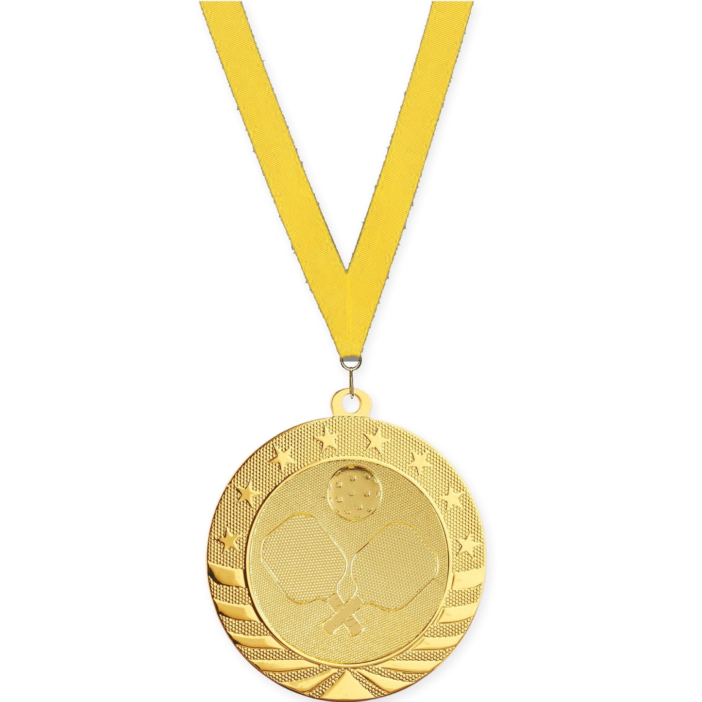 2 3/4 inch pickleball Starbrite medal in bright gold with Yellow neck ribbon