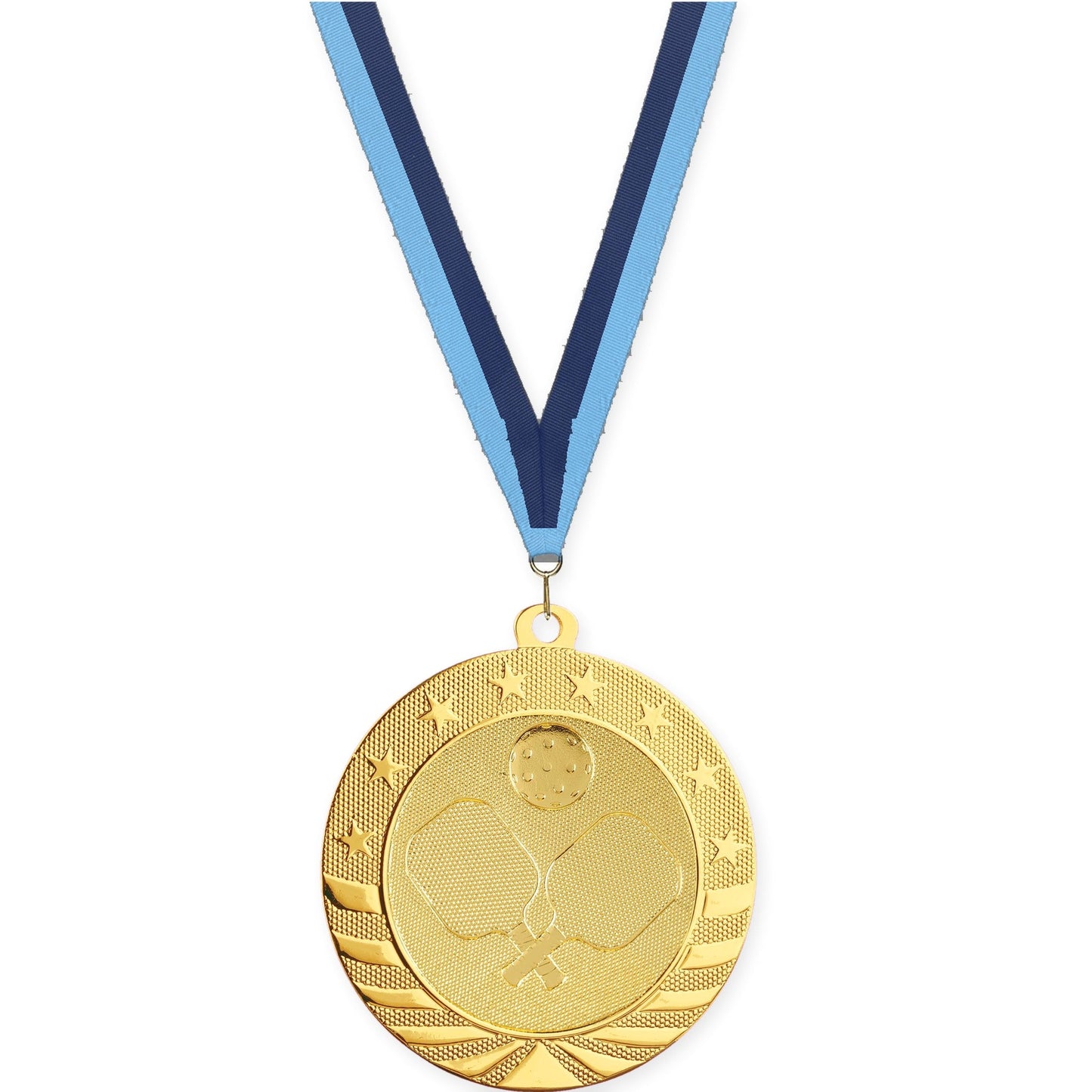 2 3/4 inch pickleball Starbrite medal in bright gold with Light Blue Navy neck ribbon
