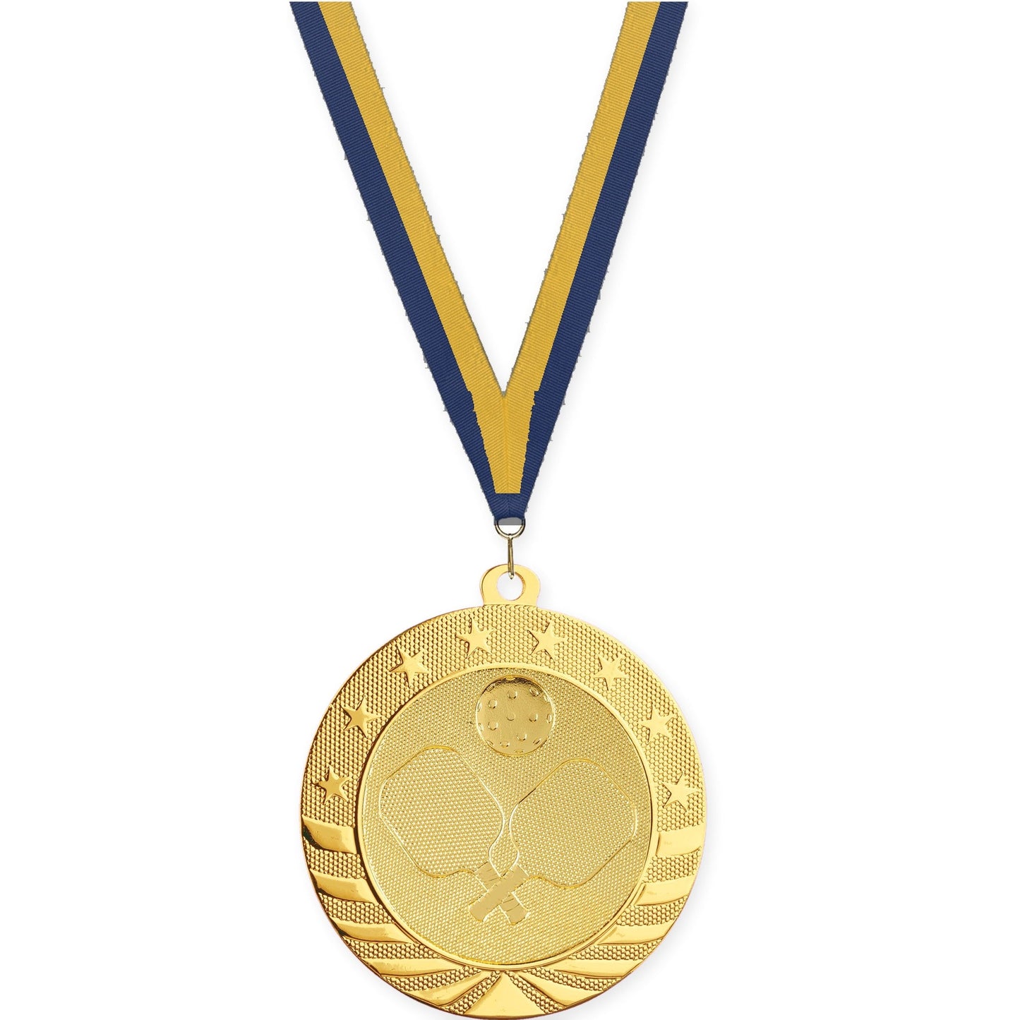 2 3/4 inch pickleball Starbrite medal in bright gold with Navy Gold neck ribbon