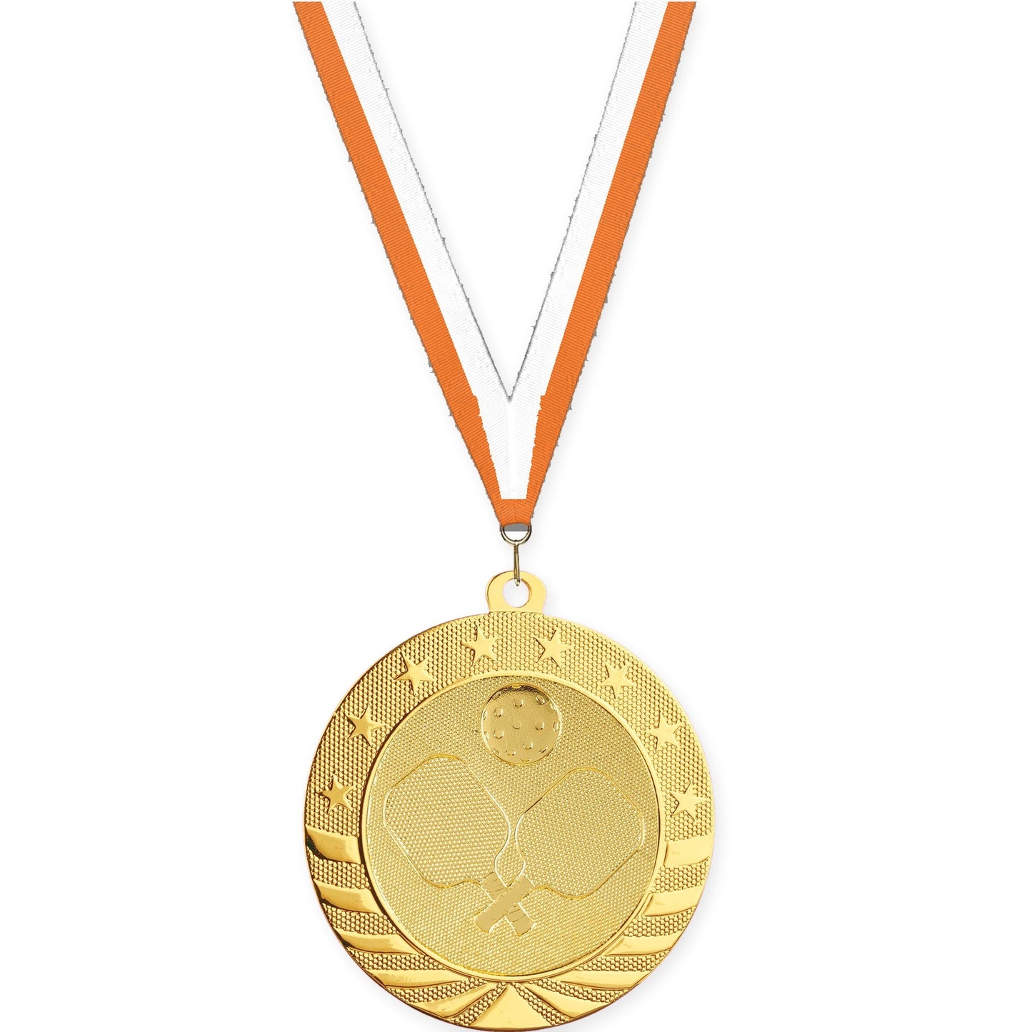 2 3/4 inch pickleball Starbrite medal in bright gold with Orange White neck ribbon