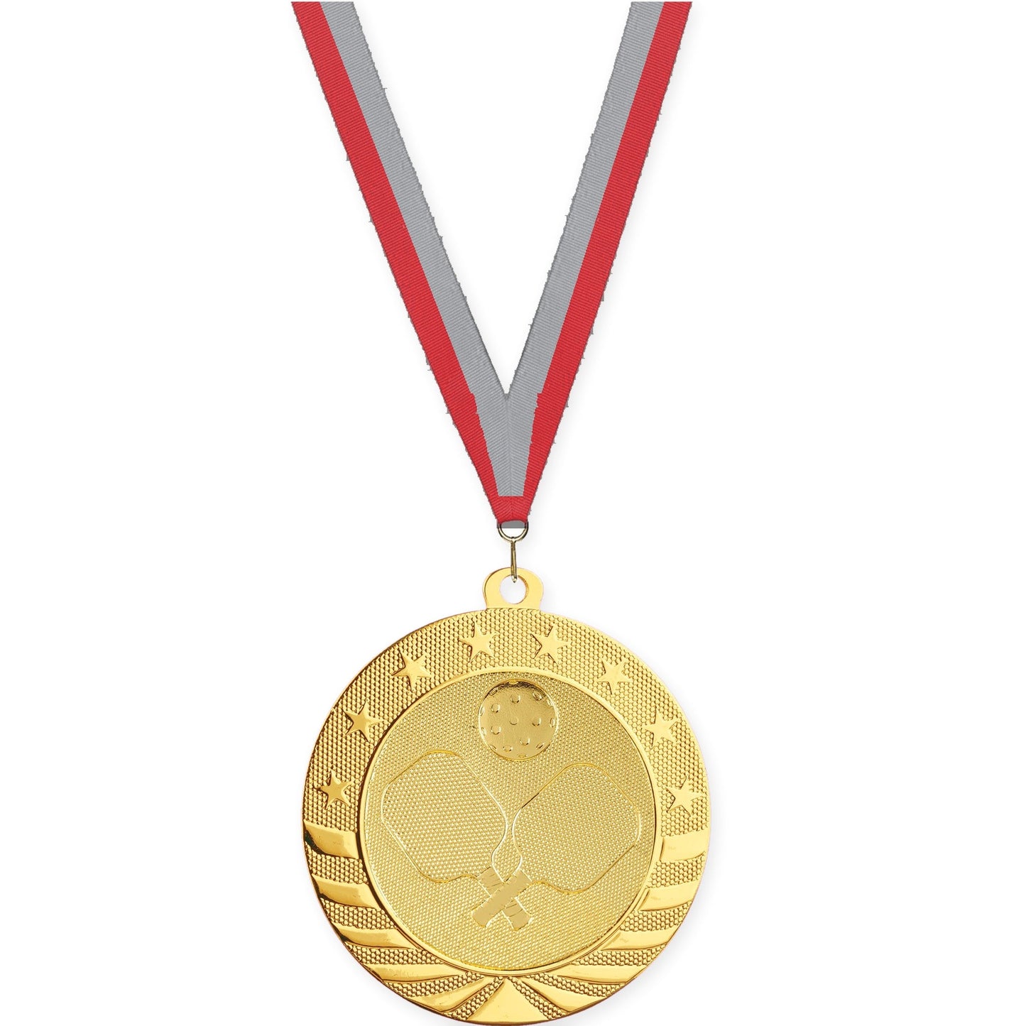 2 3/4 inch pickleball Starbrite medal in bright gold with Red Gray neck ribbon