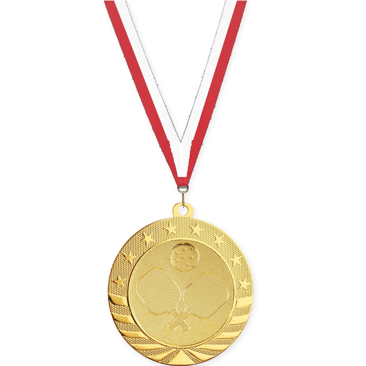 2 3/4 inch pickleball Starbrite medal in bright gold with Red White neck ribbon