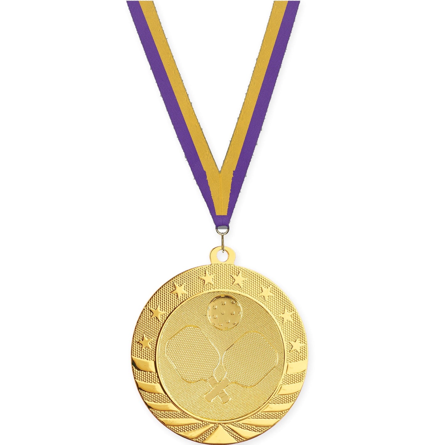 2 3/4 inch pickleball Starbrite medal in bright gold with Purple Gold neck ribbon