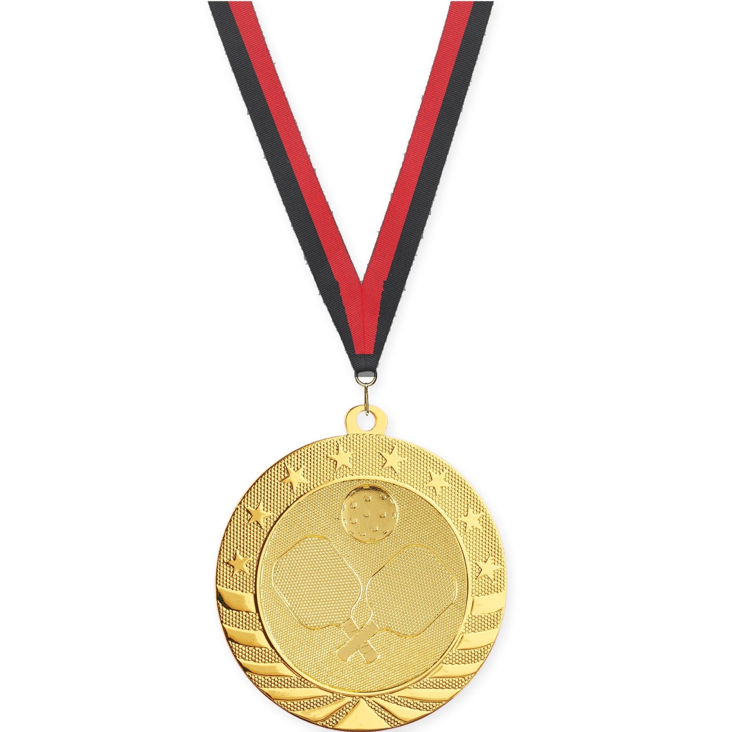 2 3/4 inch pickleball Starbrite medal in bright gold with Black Red neck ribbon
