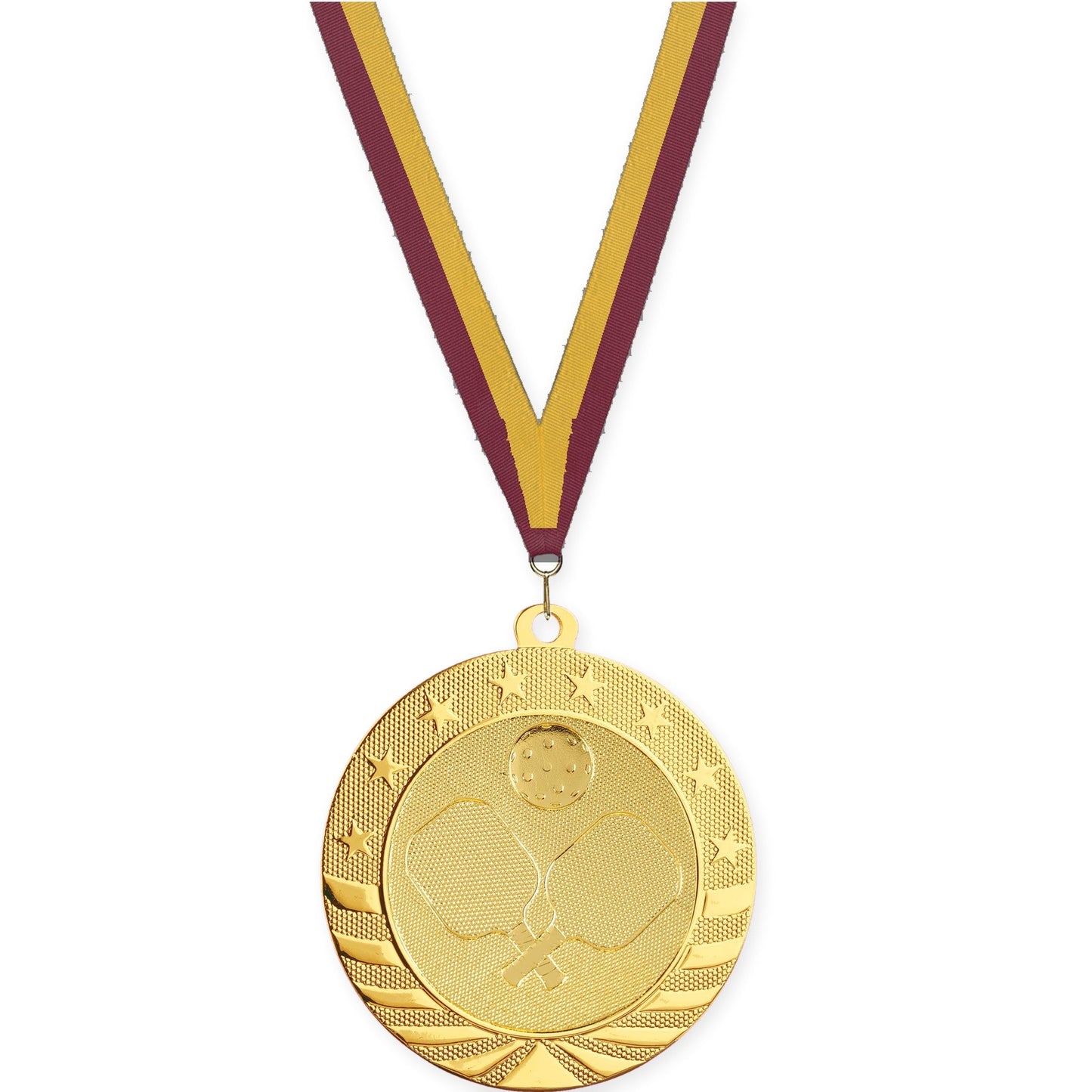 2 3/4 inch pickleball Starbrite medal in bright gold with Maroon Gold neck ribbon