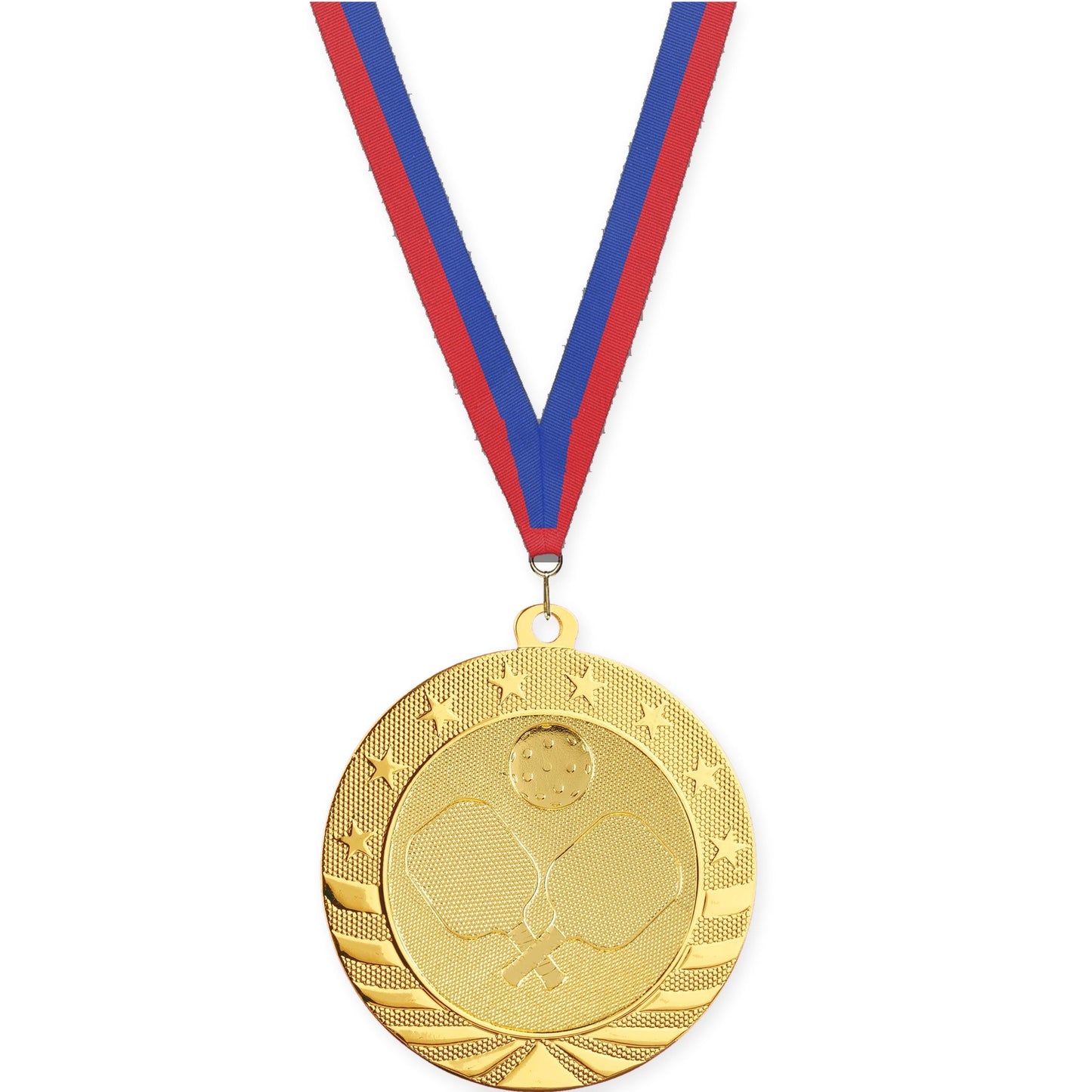 2 3/4 inch pickleball Starbrite medal in bright gold with Blue Red neck ribbon