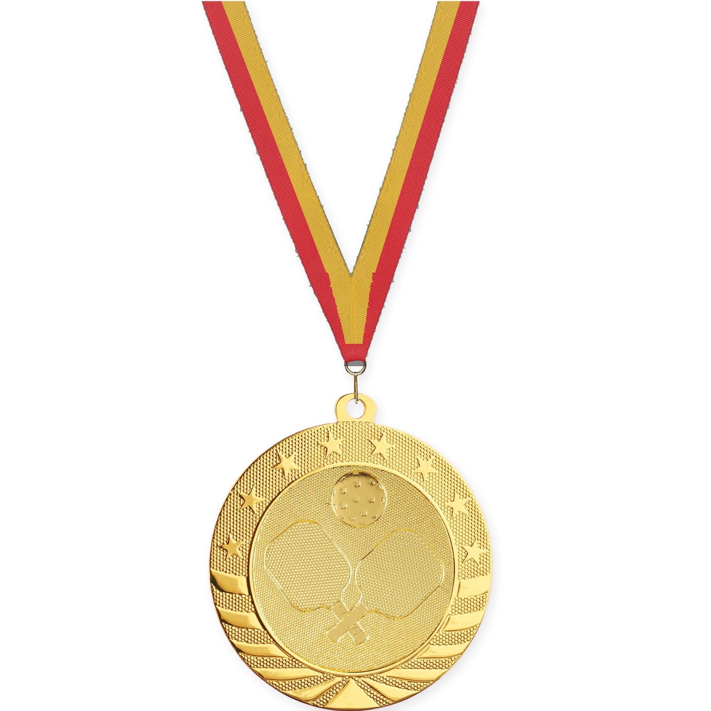2 3/4 inch pickleball Starbrite medal in bright gold with Red Gold neck ribbon