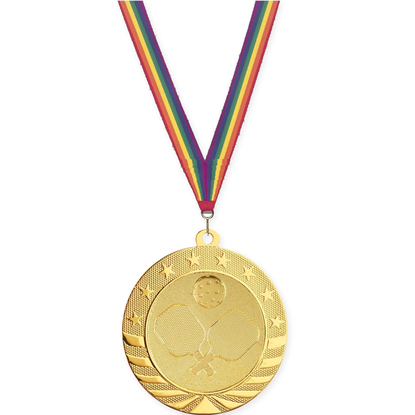 2 3/4 inch pickleball Starbrite medal in bright gold with Rainbow neck ribbon
