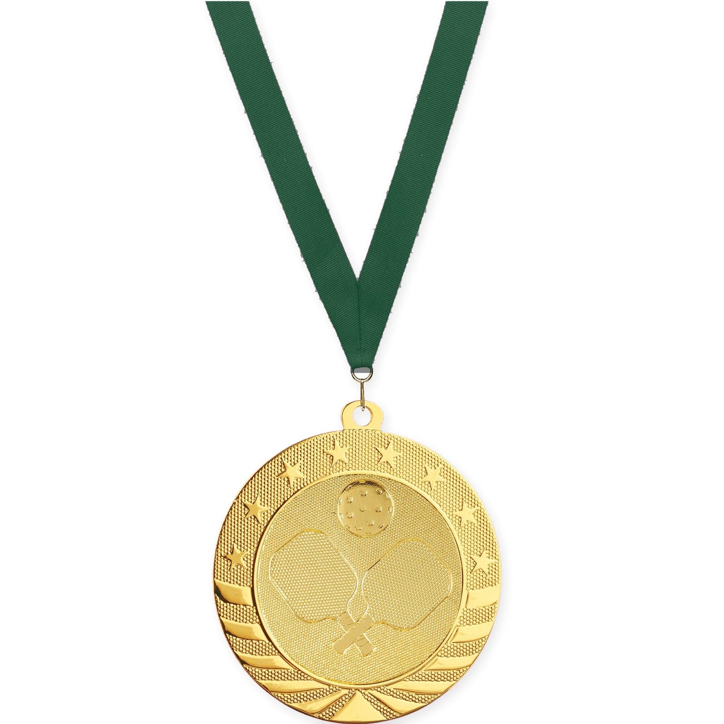 2 3/4 inch pickleball Starbrite medal in bright gold with Hunter Green neck ribbon