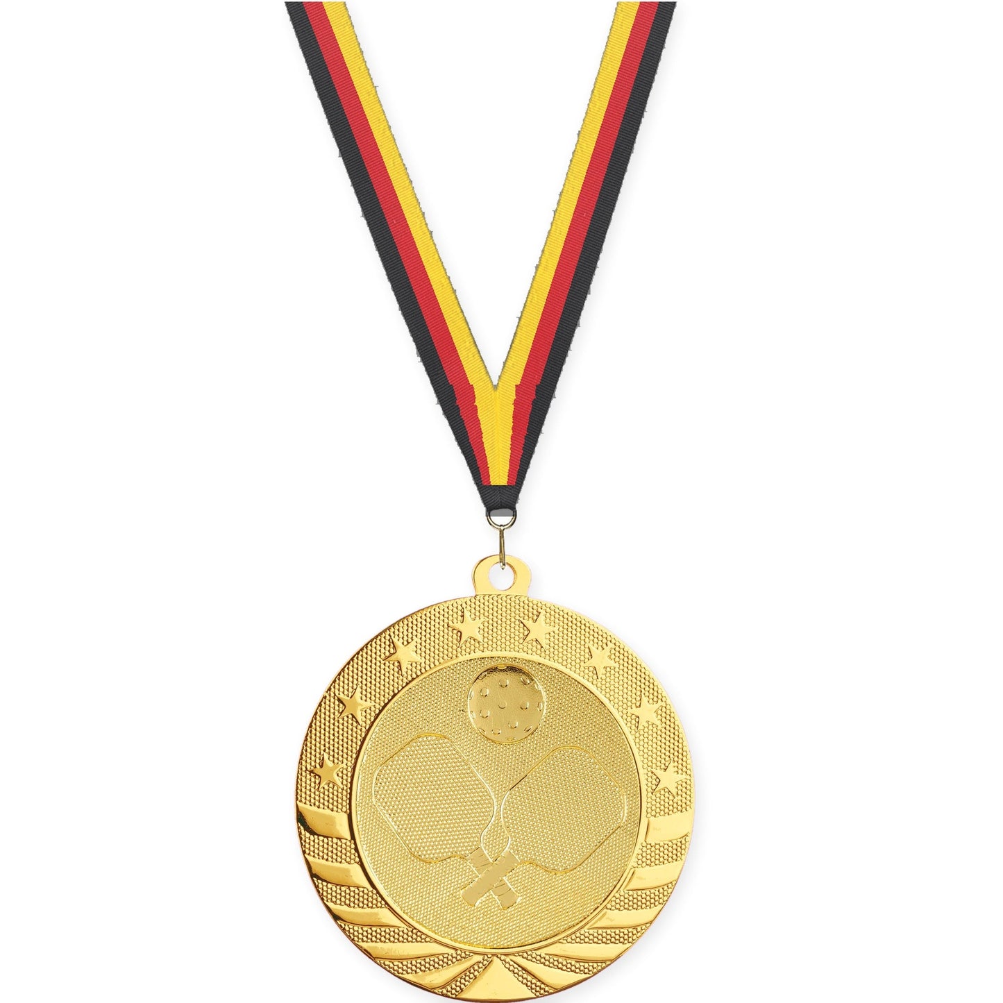 2 3/4 inch pickleball Starbrite medal in bright gold with Black Red Yellow neck ribbon