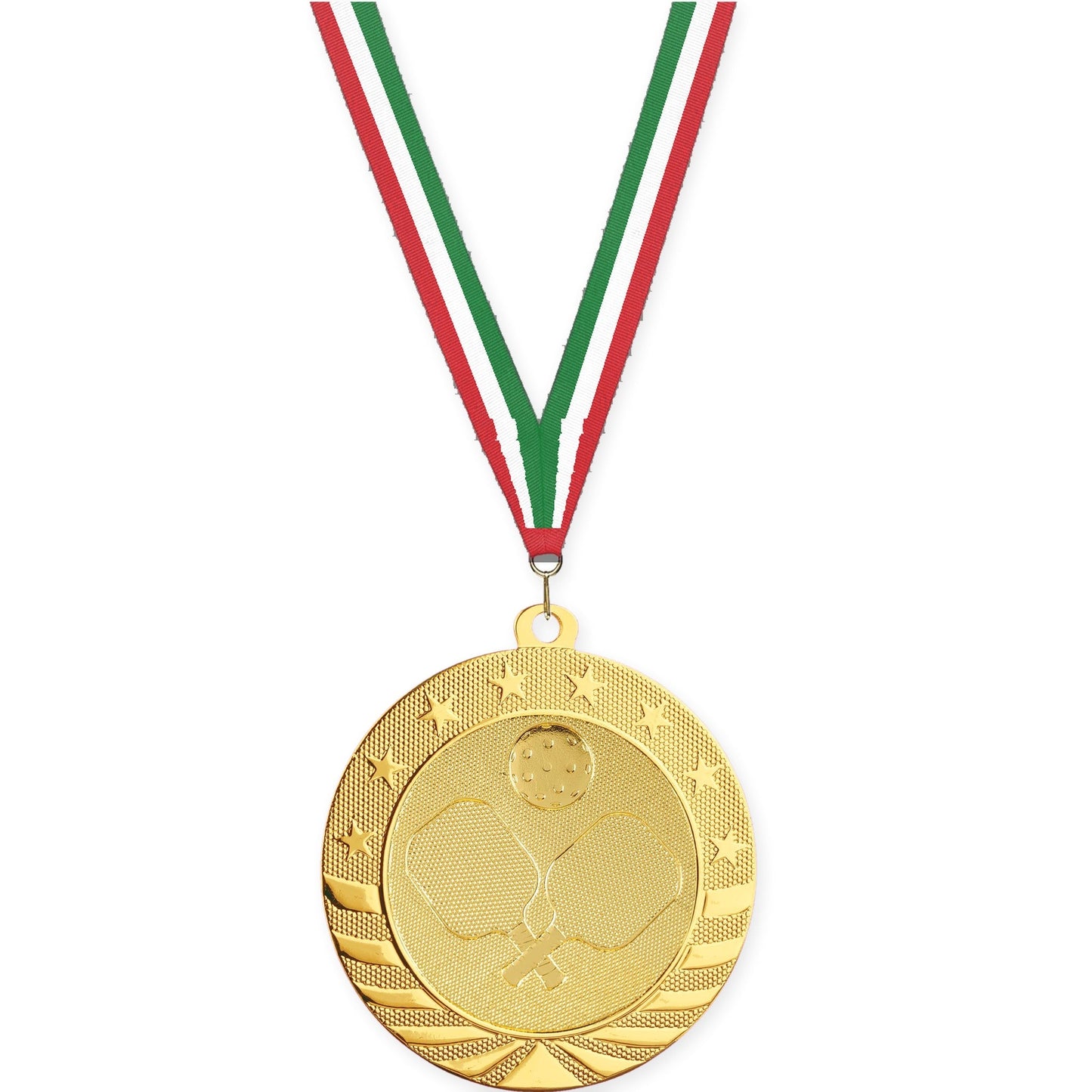 2 3/4 inch pickleball Starbrite medal in bright gold with Red White Green neck ribbon