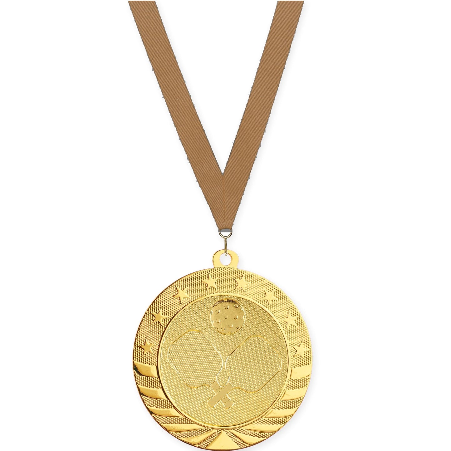 2 3/4 inch pickleball Starbrite medal in bright gold with Bronze Metallic neck ribbon