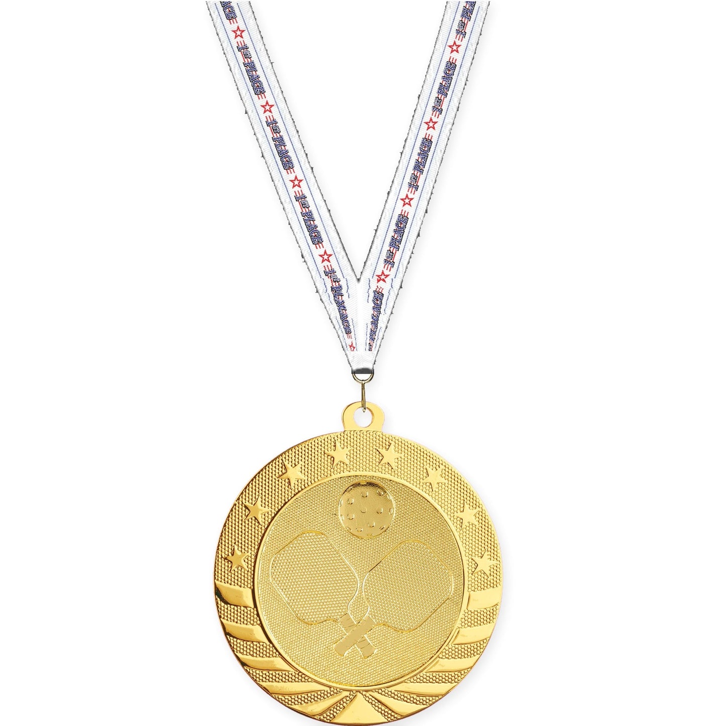 2 3/4 inch pickleball Starbrite medal in bright gold with 1st Place neck ribbon