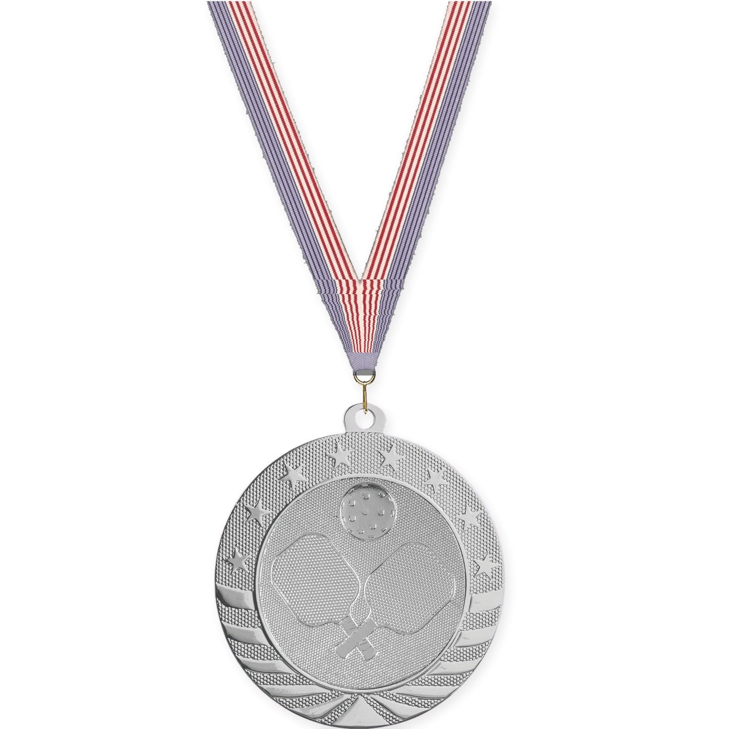 2 3/4 inch pickleball Starbrite medal in bright silver with USA Flag neck ribbon