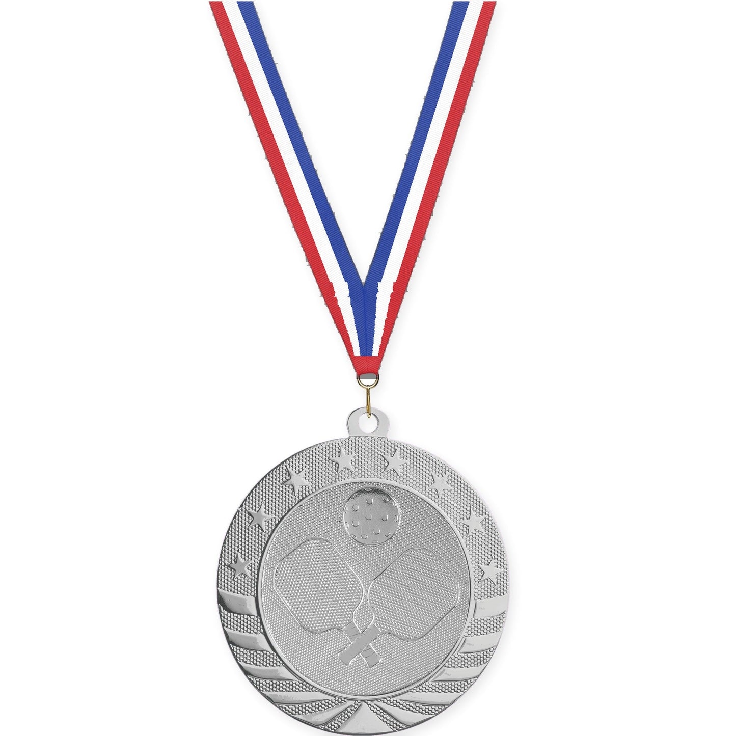 2 3/4 inch pickleball Starbrite medal in bright silver with Red White Blue neck ribbon