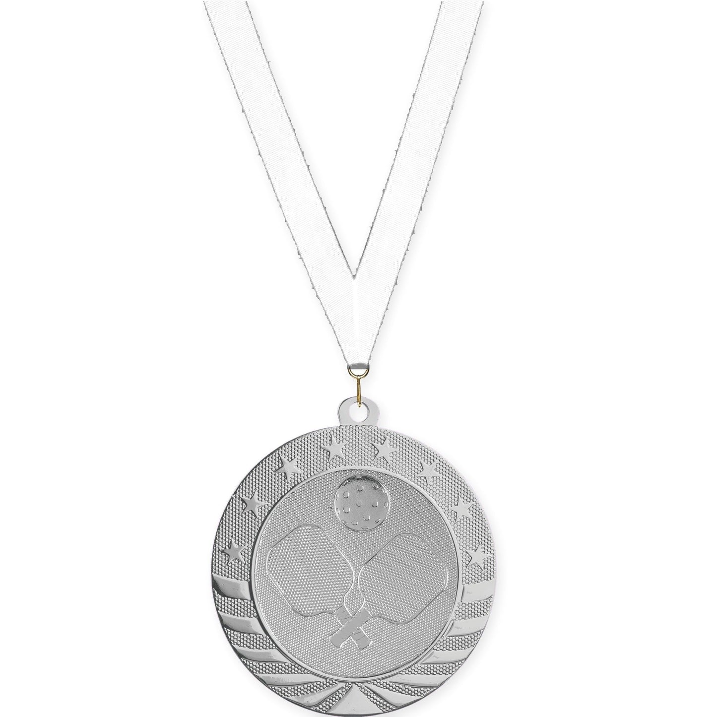 2 3/4 inch pickleball Starbrite medal in bright silver with White neck ribbon