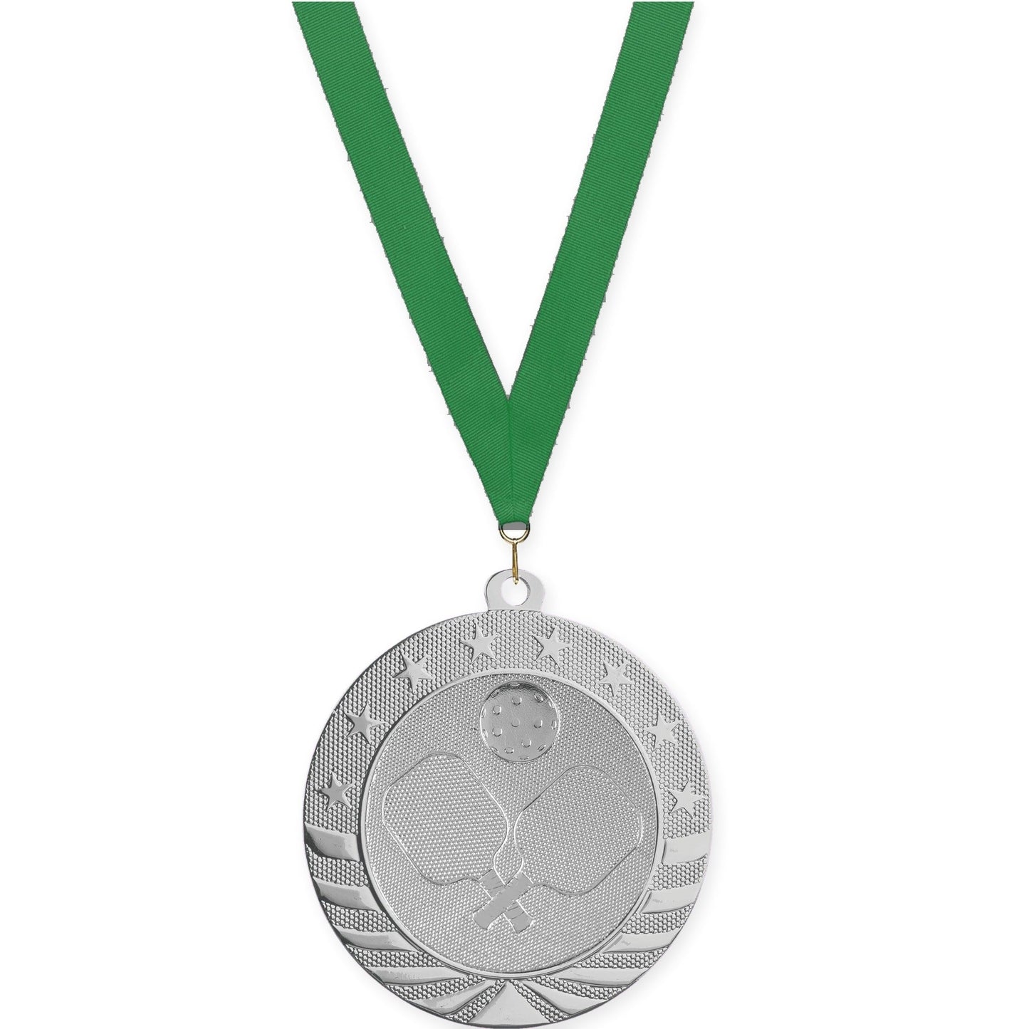 2 3/4 inch pickleball Starbrite medal in bright silver with Green neck ribbon