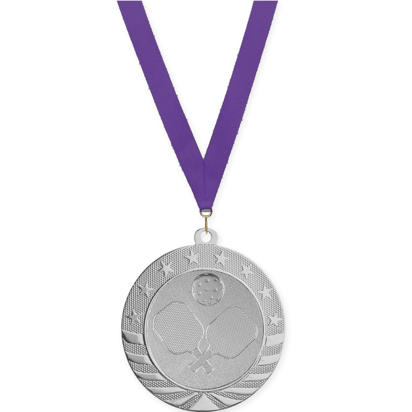 2 3/4 inch pickleball Starbrite medal in bright silver with Purple neck ribbon