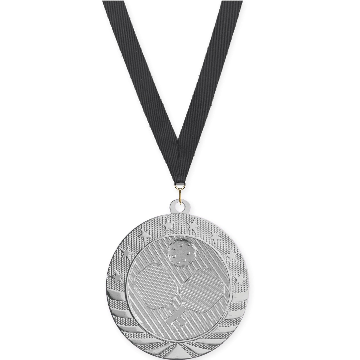 2 3/4 inch pickleball Starbrite medal in bright silver with Black neck ribbon