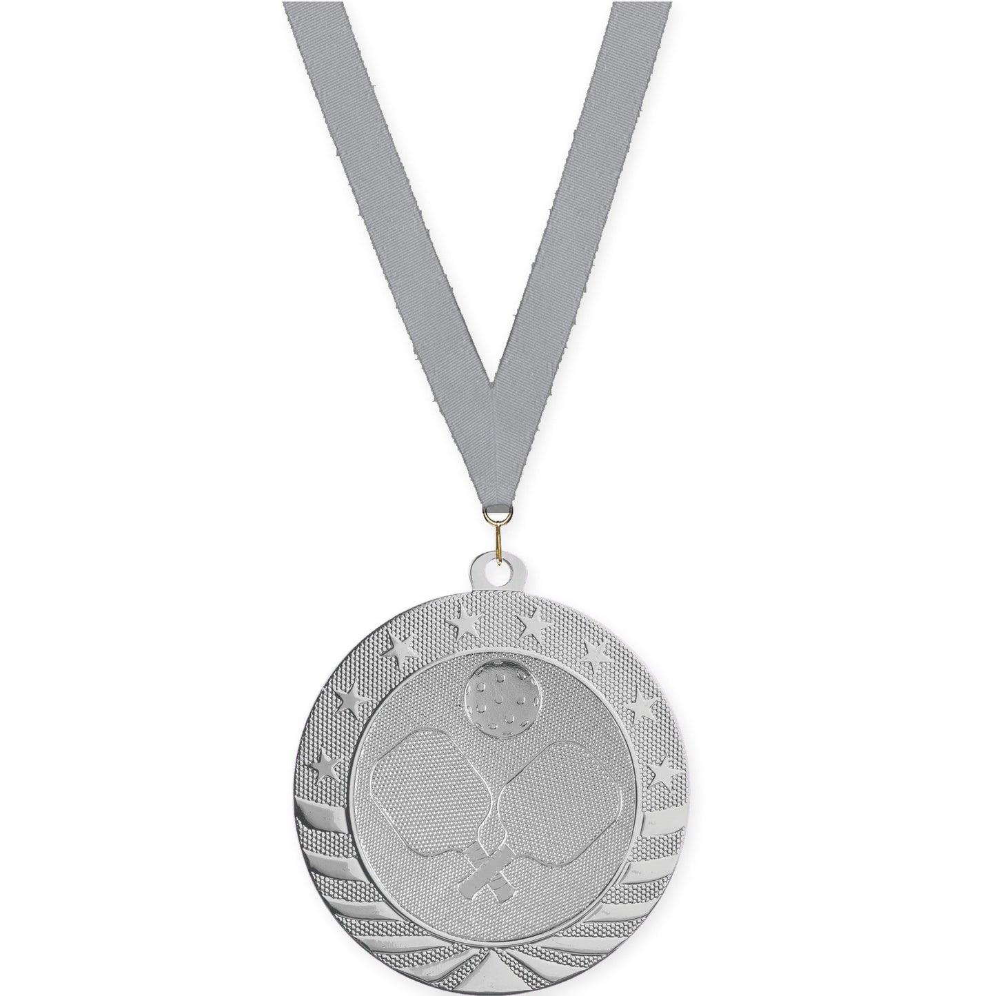 2 3/4 inch pickleball Starbrite medal in bright silver with Gray neck ribbon