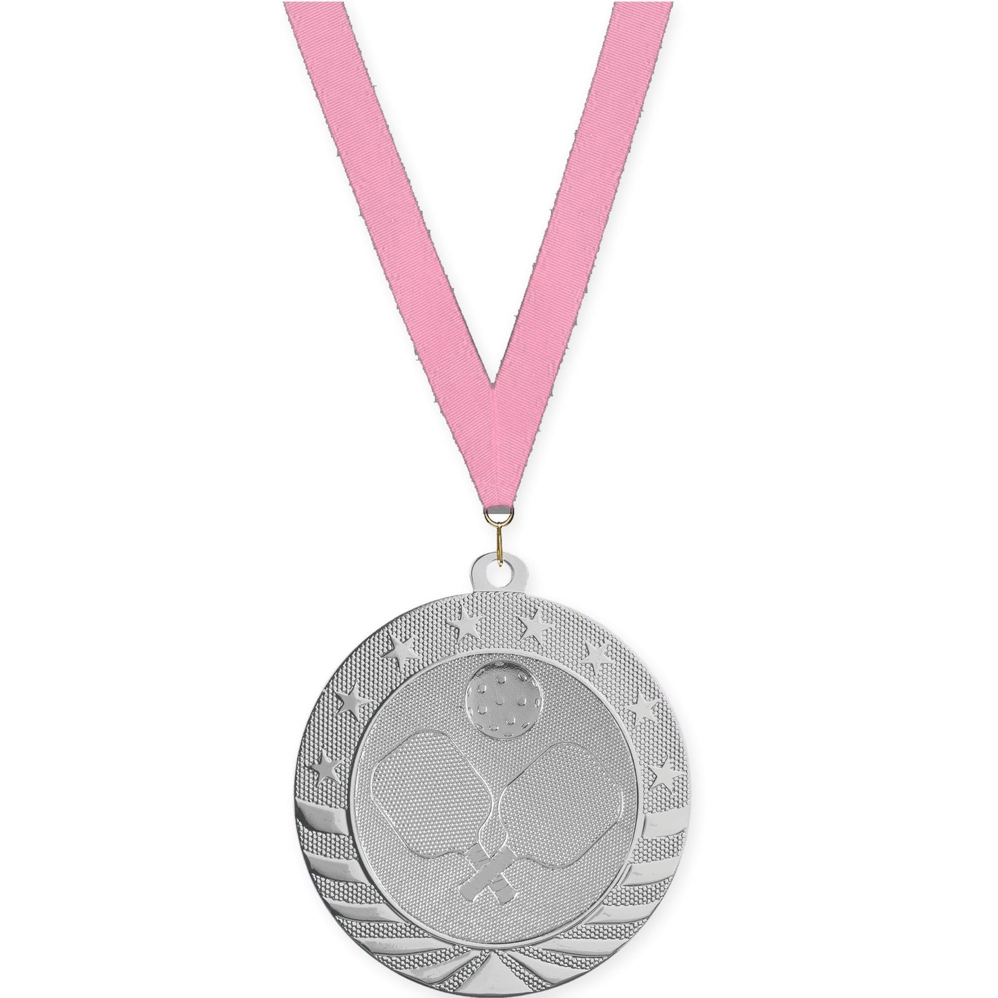 2 3/4 inch pickleball Starbrite medal in bright silver with Pink neck ribbon