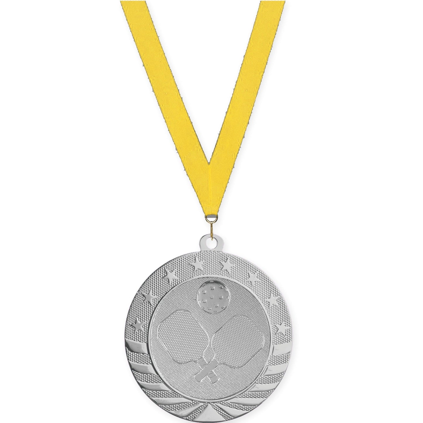 2 3/4 inch pickleball Starbrite medal in bright silver with Yellow neck ribbon