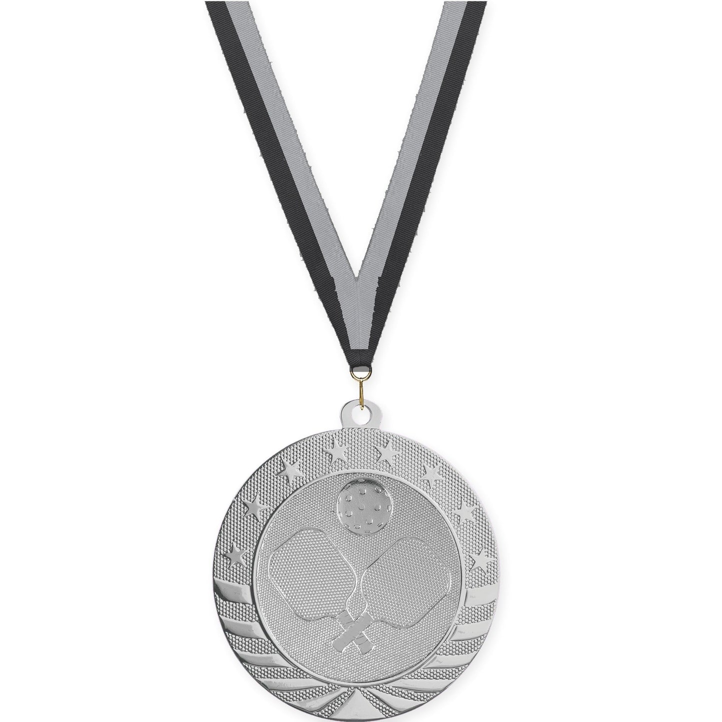 2 3/4 inch pickleball Starbrite medal in bright silver with Black Gray neck ribbon