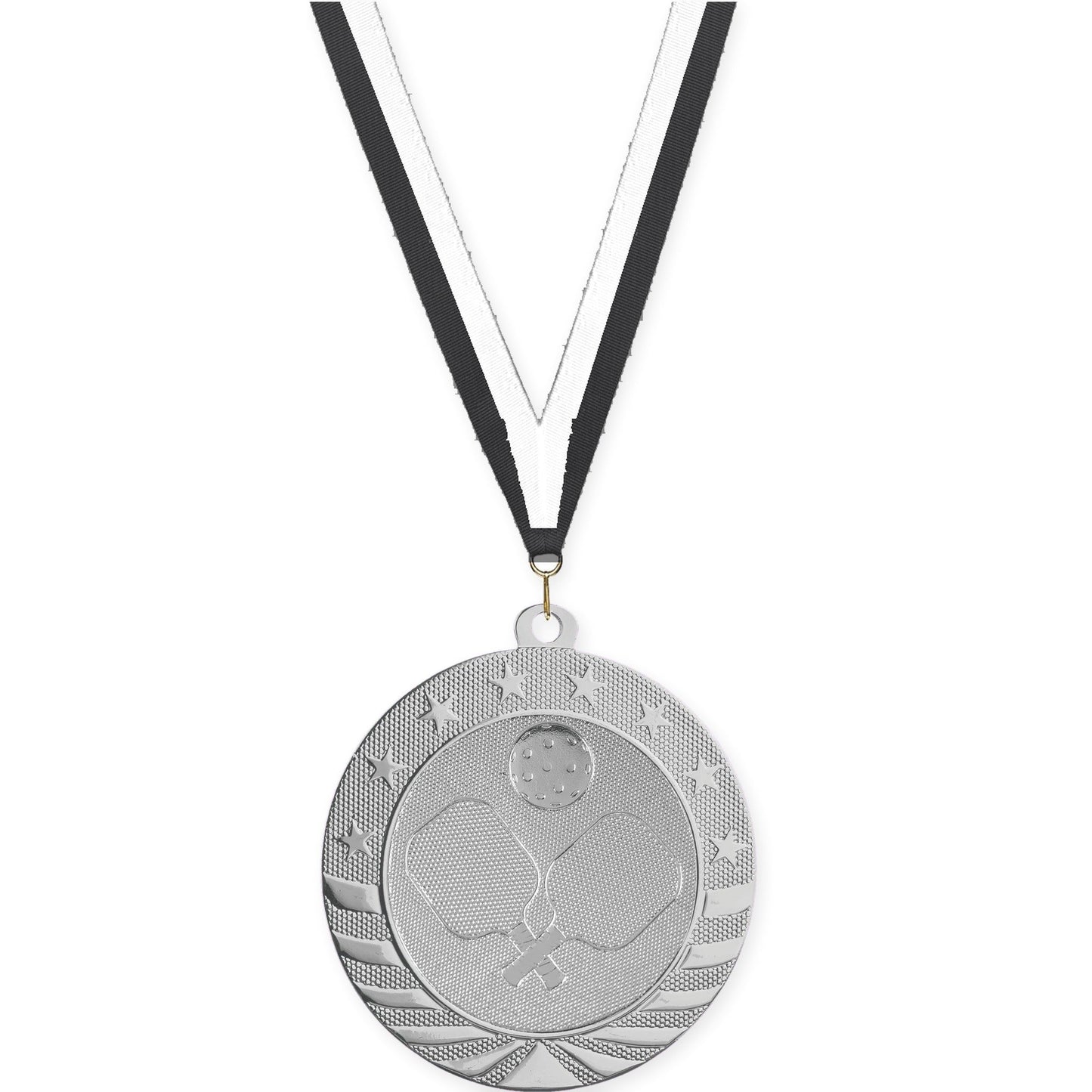 2 3/4 inch pickleball Starbrite medal in bright silver with Black White neck ribbon
