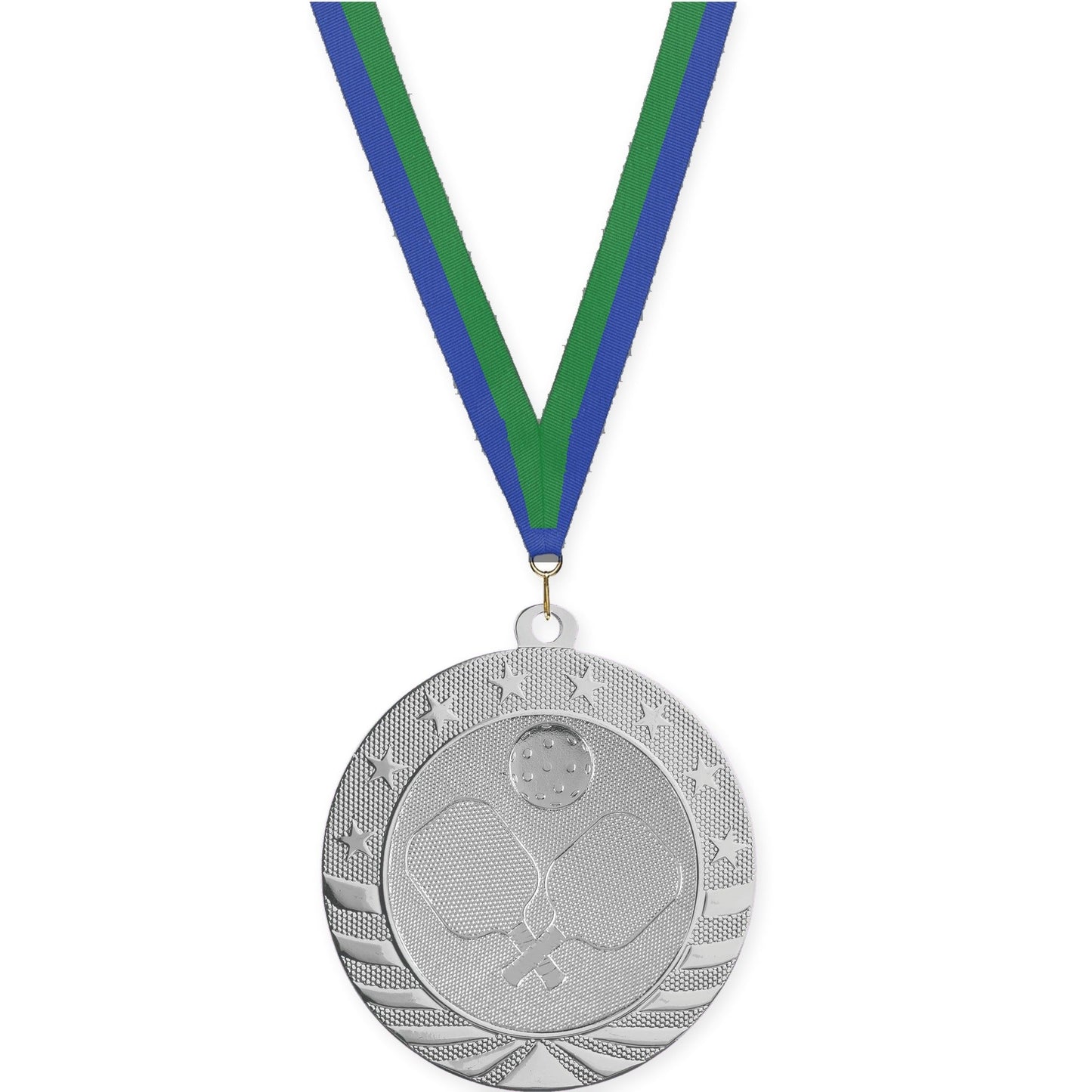 2 3/4 inch pickleball Starbrite medal in bright silver with Blue Green neck ribbon