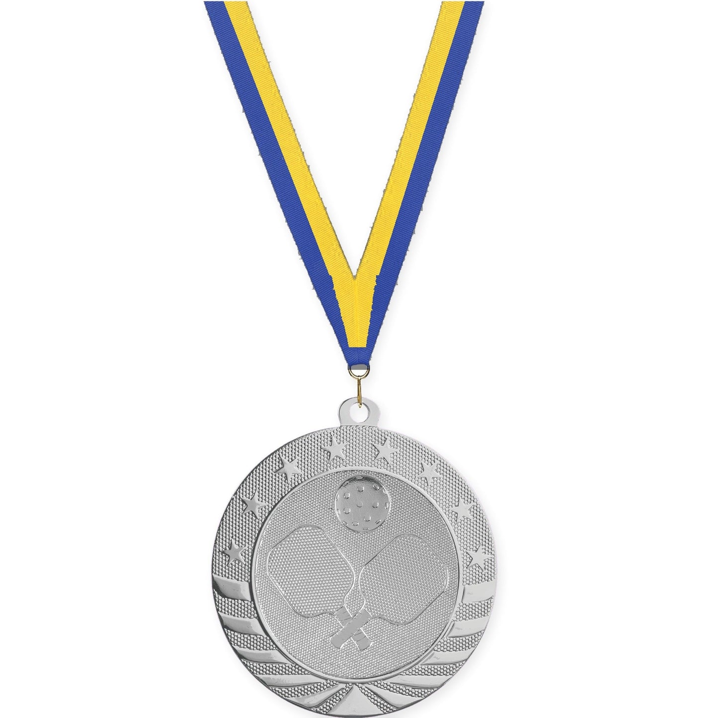 2 3/4 inch pickleball Starbrite medal in bright silver with Blue Yellow neck ribbon