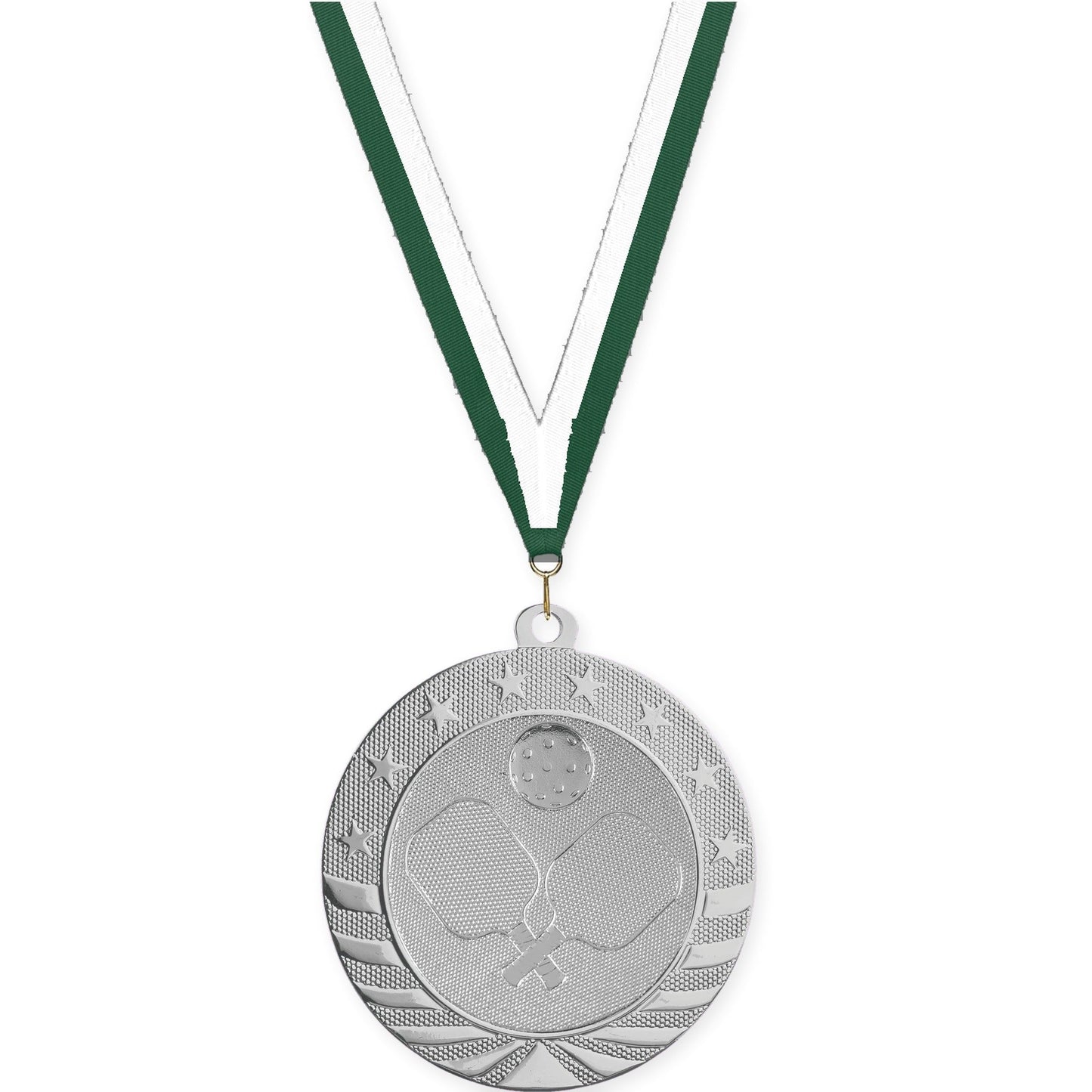 2 3/4 inch pickleball Starbrite medal in bright silver with Hunter Green White neck ribbon