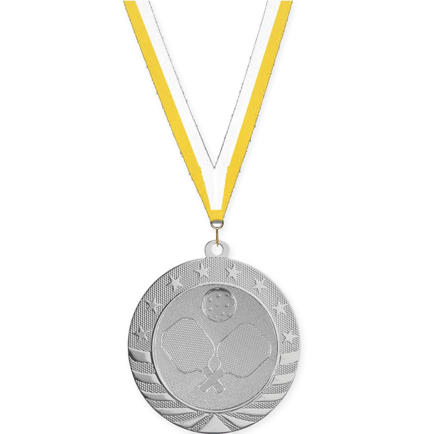 2 3/4 inch pickleball Starbrite medal in bright silver with Yellow White neck ribbon