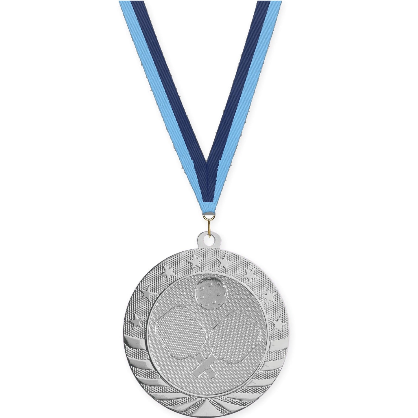 2 3/4 inch pickleball Starbrite medal in bright silver with Light Blue Navy neck ribbon