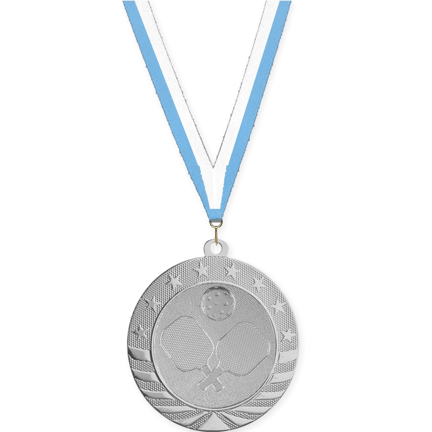 2 3/4 inch pickleball Starbrite medal in bright silver with Light Blue White neck ribbon