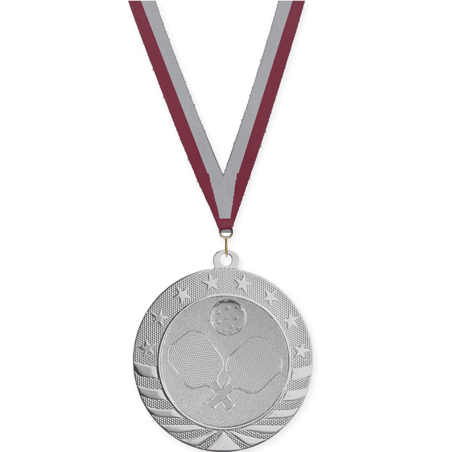 2 3/4 inch pickleball Starbrite medal in bright silver with Maroon Gray neck ribbon