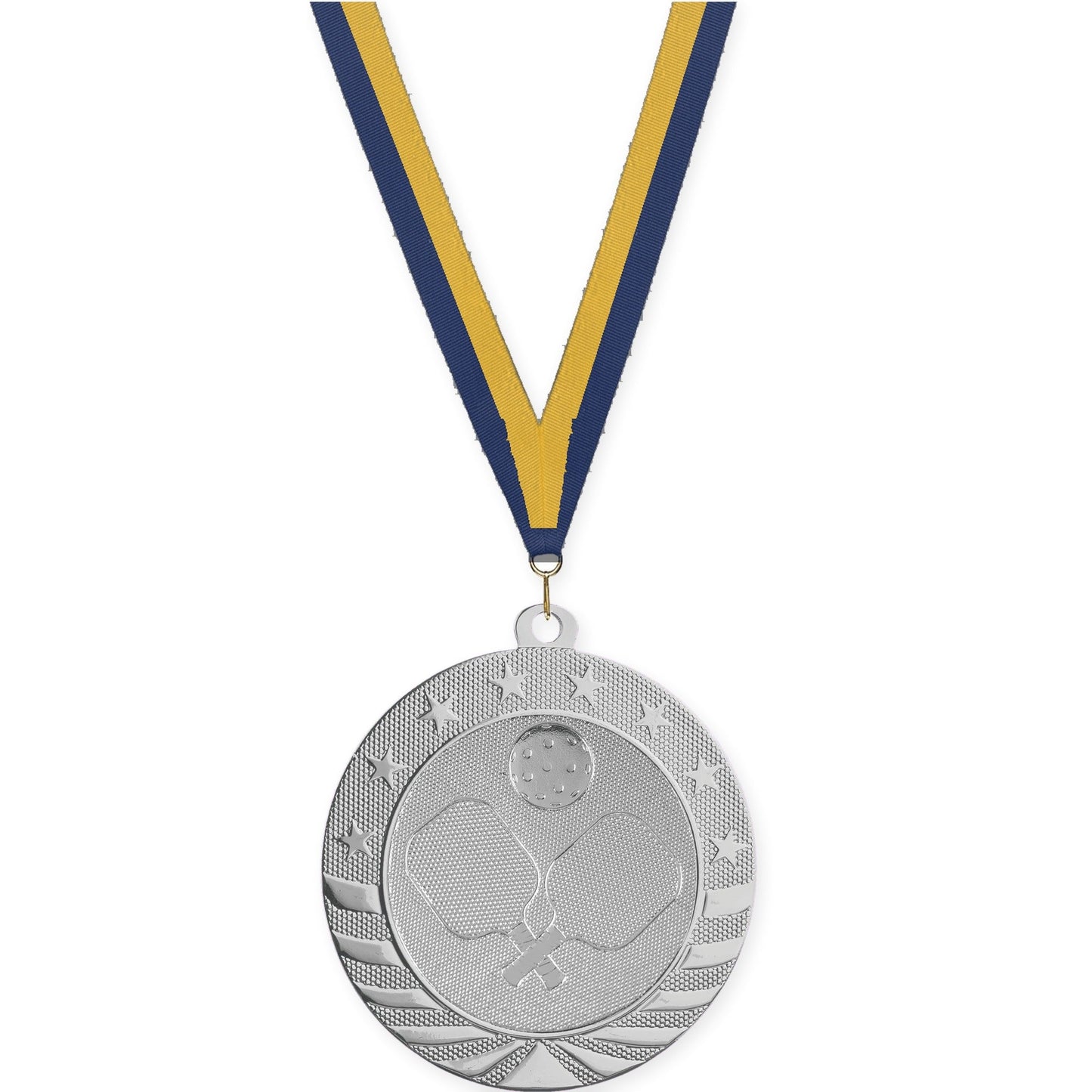 2 3/4 inch pickleball Starbrite medal in bright silver with Navy Gold neck ribbon