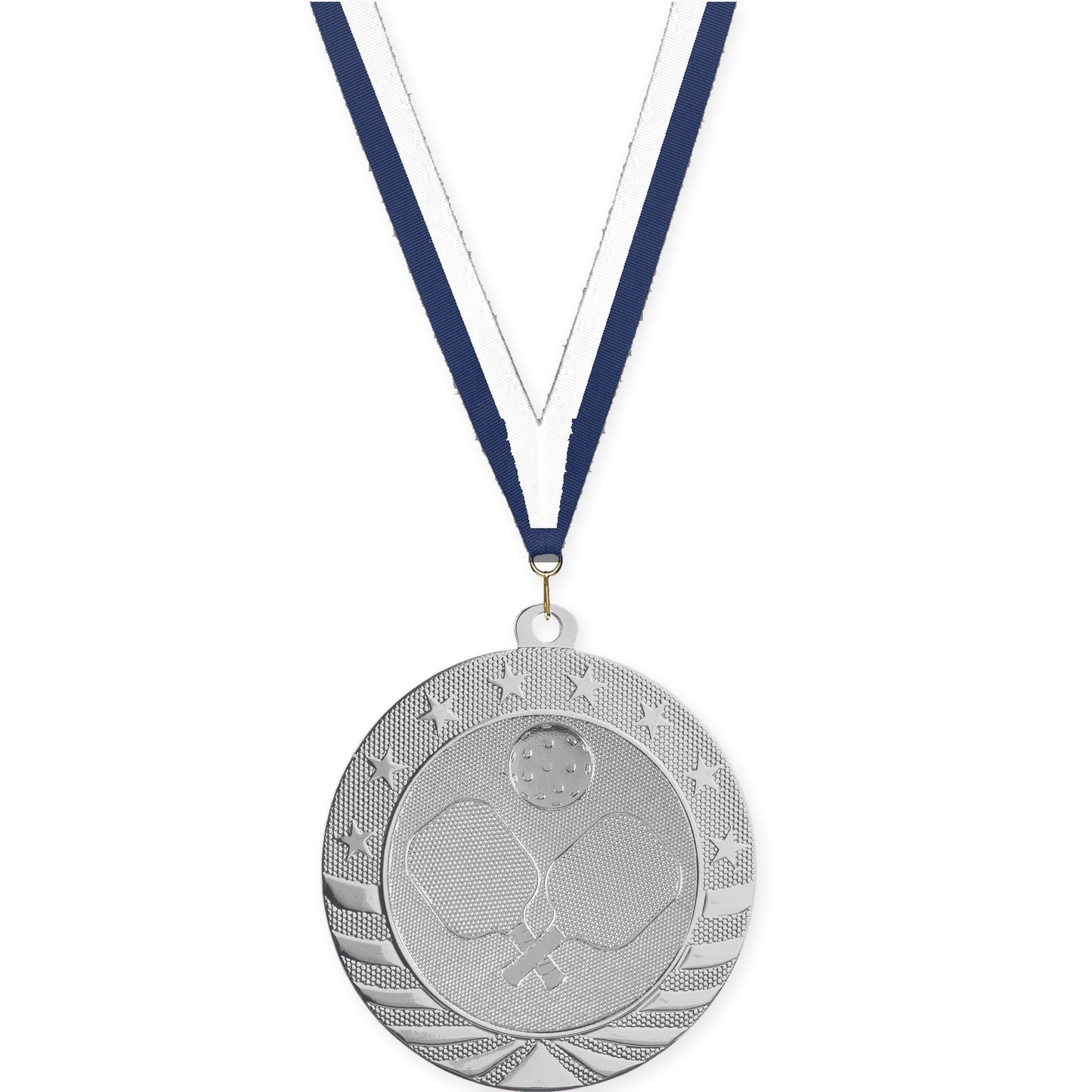 2 3/4 inch pickleball Starbrite medal in bright silver with Navy White neck ribbon